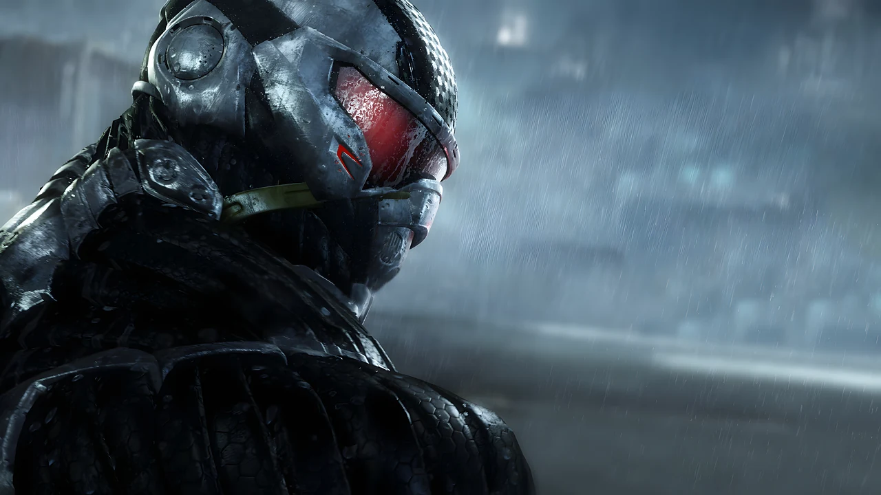 The Nanosuit helmet close up in driving rain