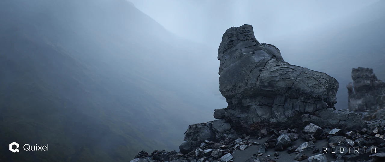 A great boulder emerging from thick fog