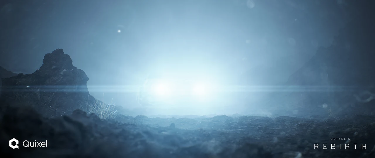 Headlights glowing in a fog bank