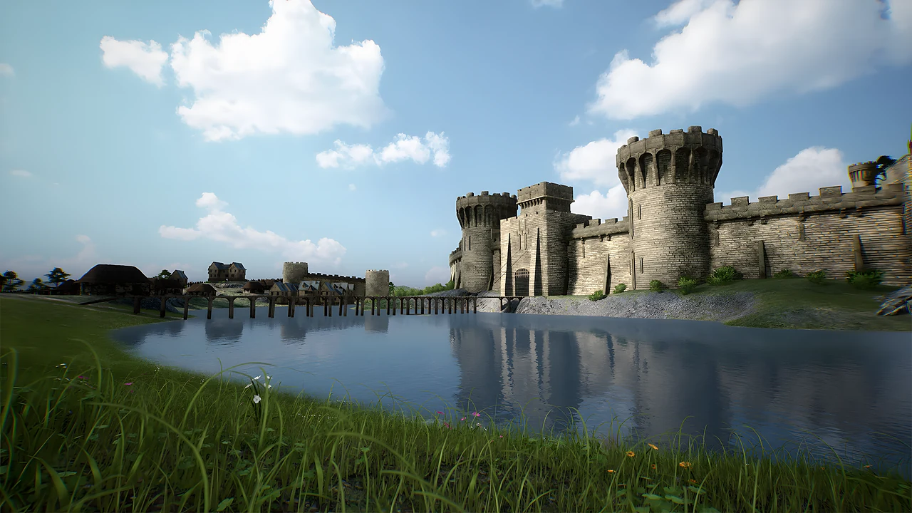 A castle on a lake in rolling countryside
