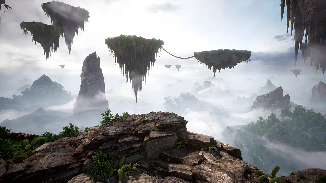 Floating islands drifting through mist